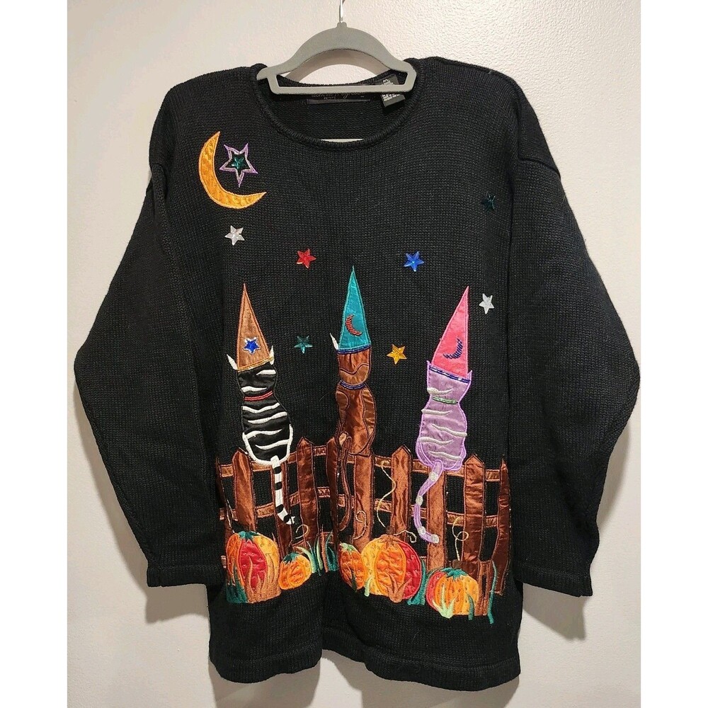 Vintage Work In Progress Halloween Sweater Cats Witch Pumpkins Petite Large 90s